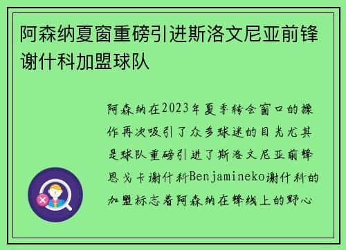 阿森纳夏窗重磅引进斯洛文尼亚前锋谢什科加盟球队